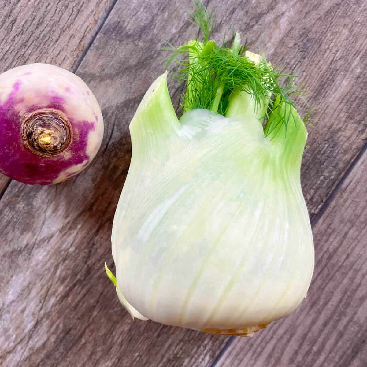 Whole fennel bulb and turnip on a wood board ready to chop.