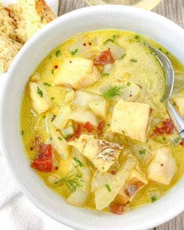 Curry fish stew with turnips and fennel.
