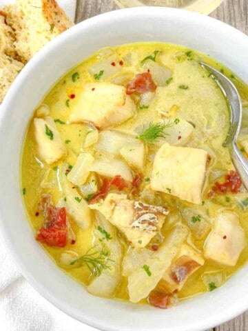 Curry fish stew with turnips and fennel.