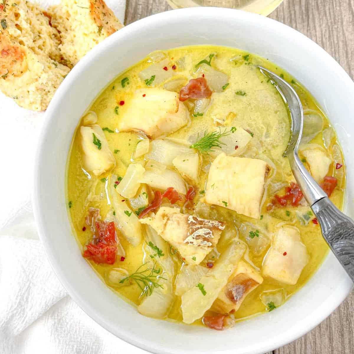 Curry fish stew with turnips and fennel.