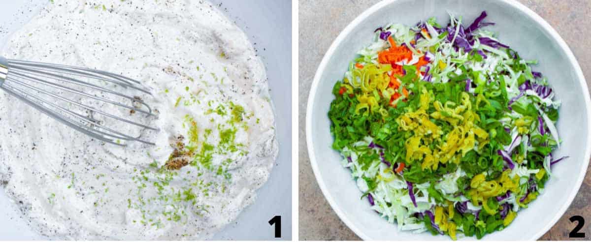 Side by side numbered images of slaw dressing with a whisk, and the chopped veggies ready to combine.