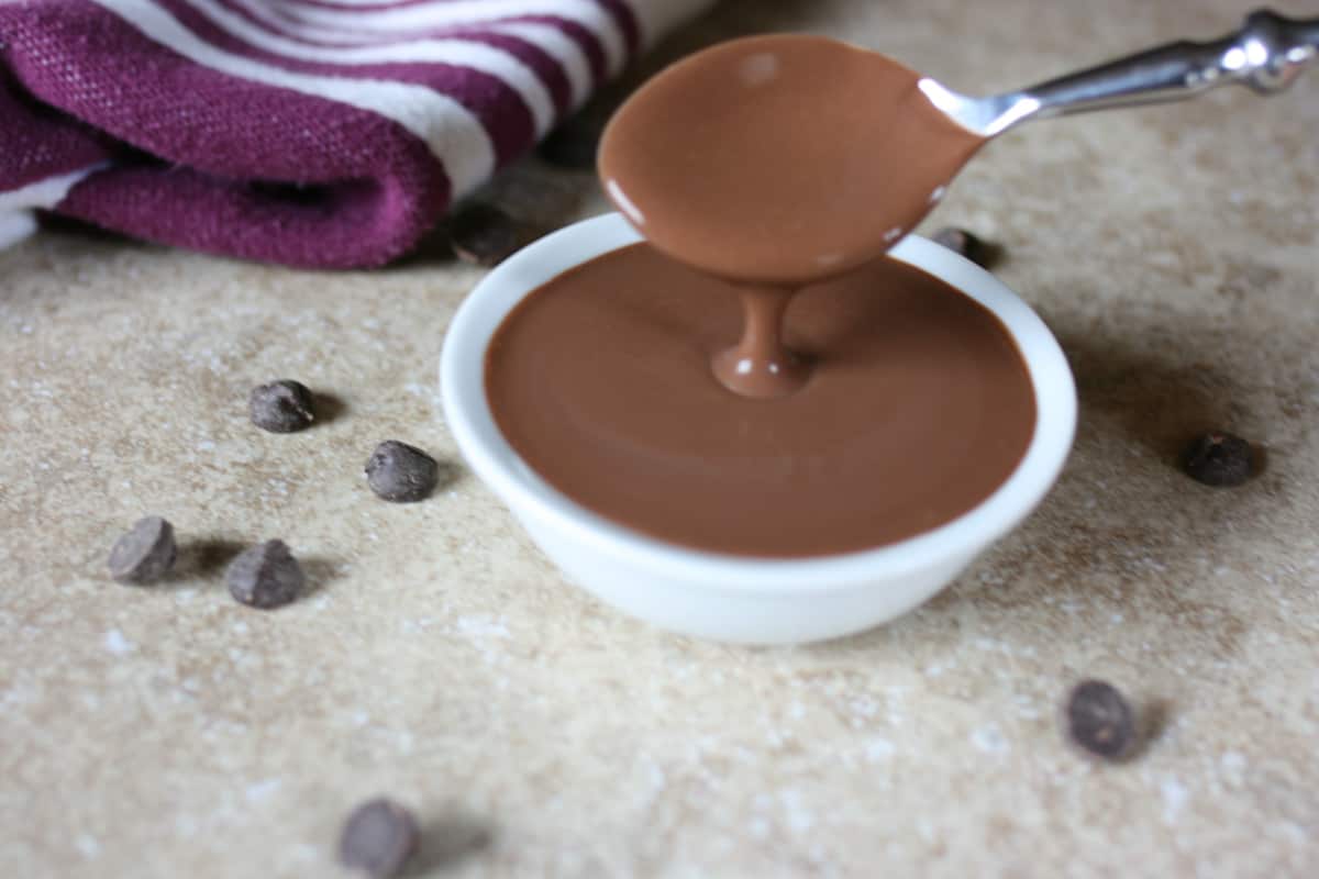 Keto chocolate sauce in a small white bowl being poured with a spoon.