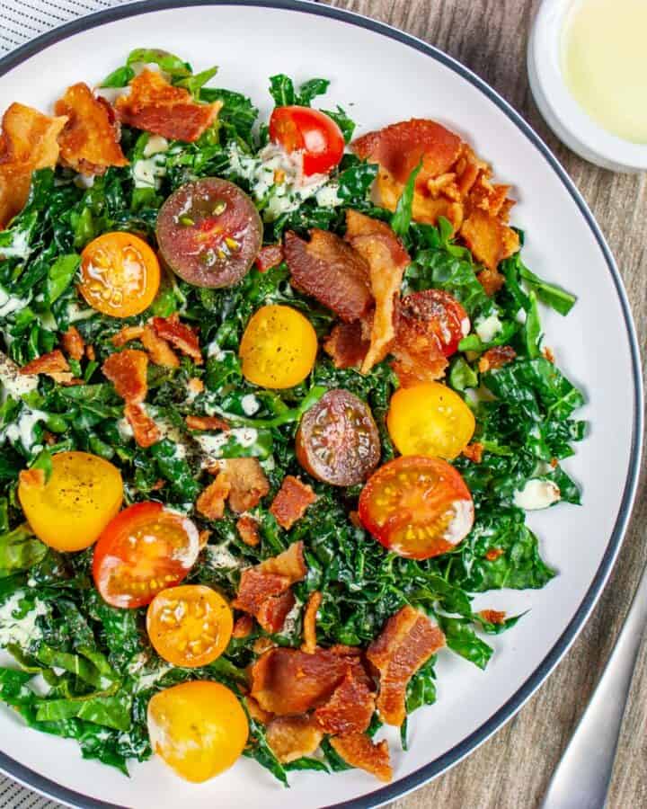 Kale salad on with plate with blue rim with a fork and ramekin of creamy lemon dressing on the side.