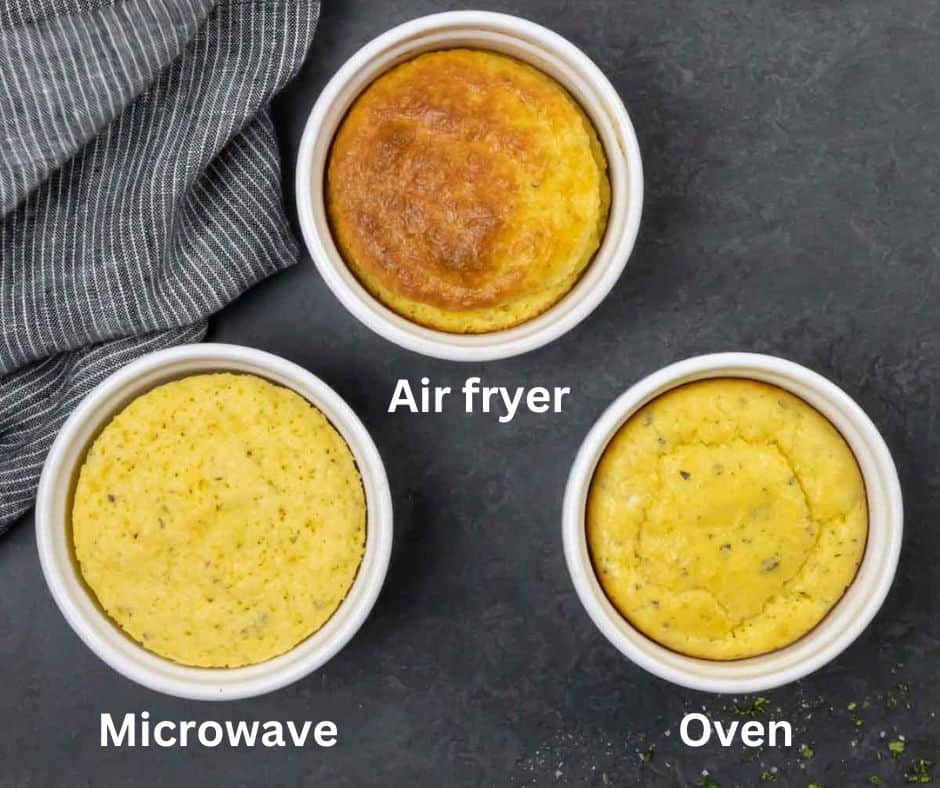 Three labeled white ramekins showing texture of finished bread using oven, microwave and air fryer.