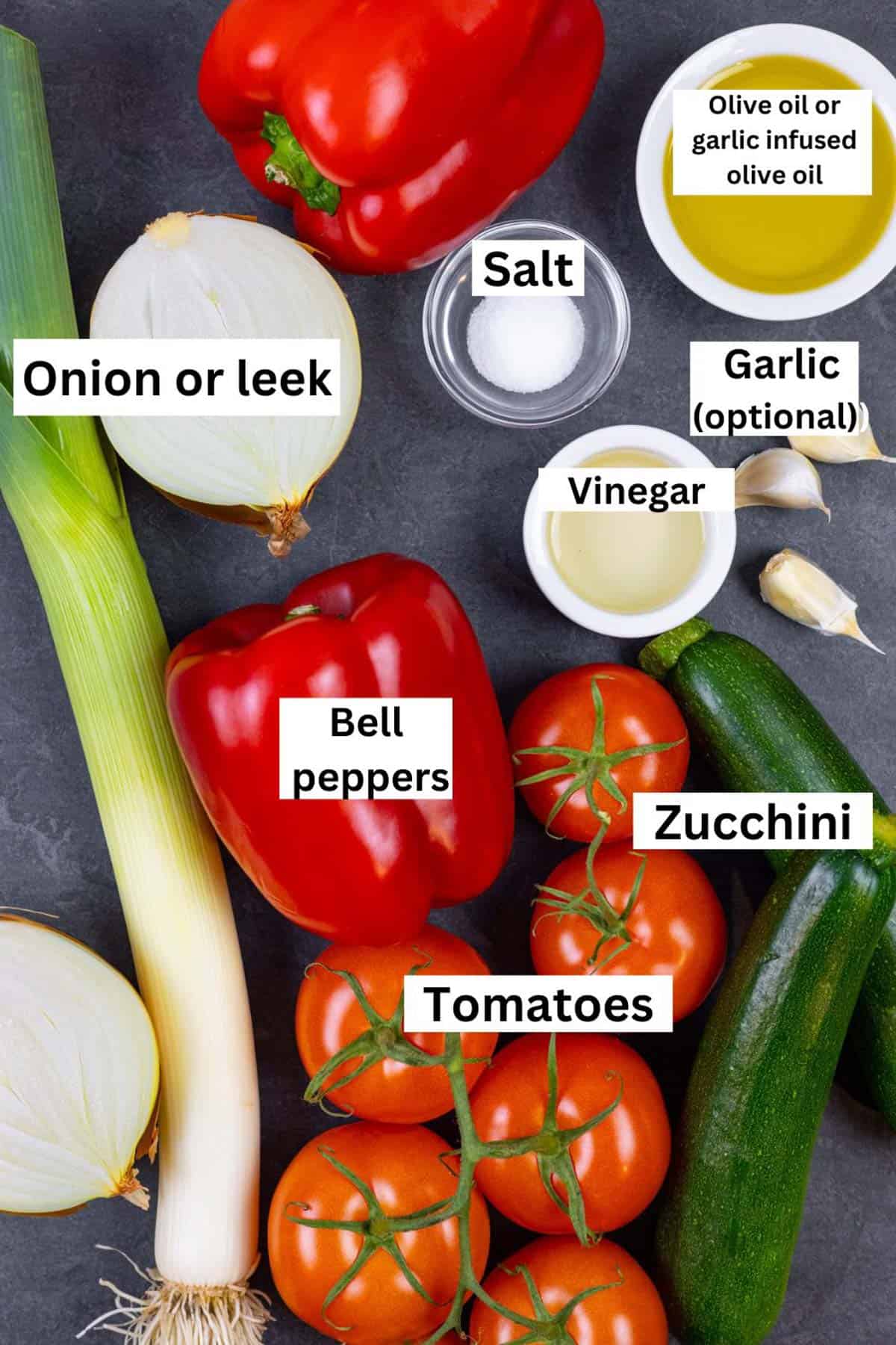Labeled ingredients for Pisto Manchego.