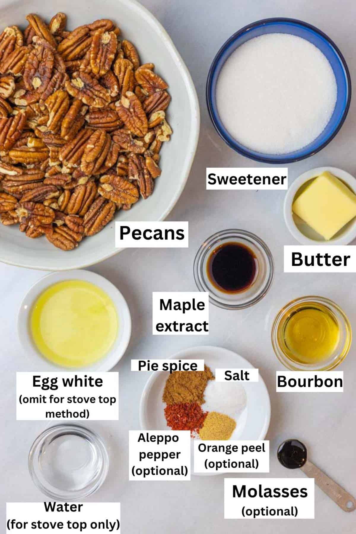 Labeled ingredients for multiple methods of making candied pecans.