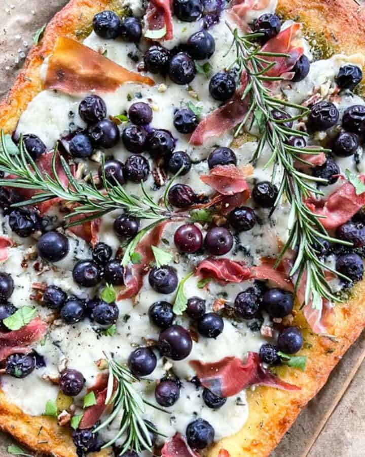 Baked blueberry pizza with Almond flour crust.