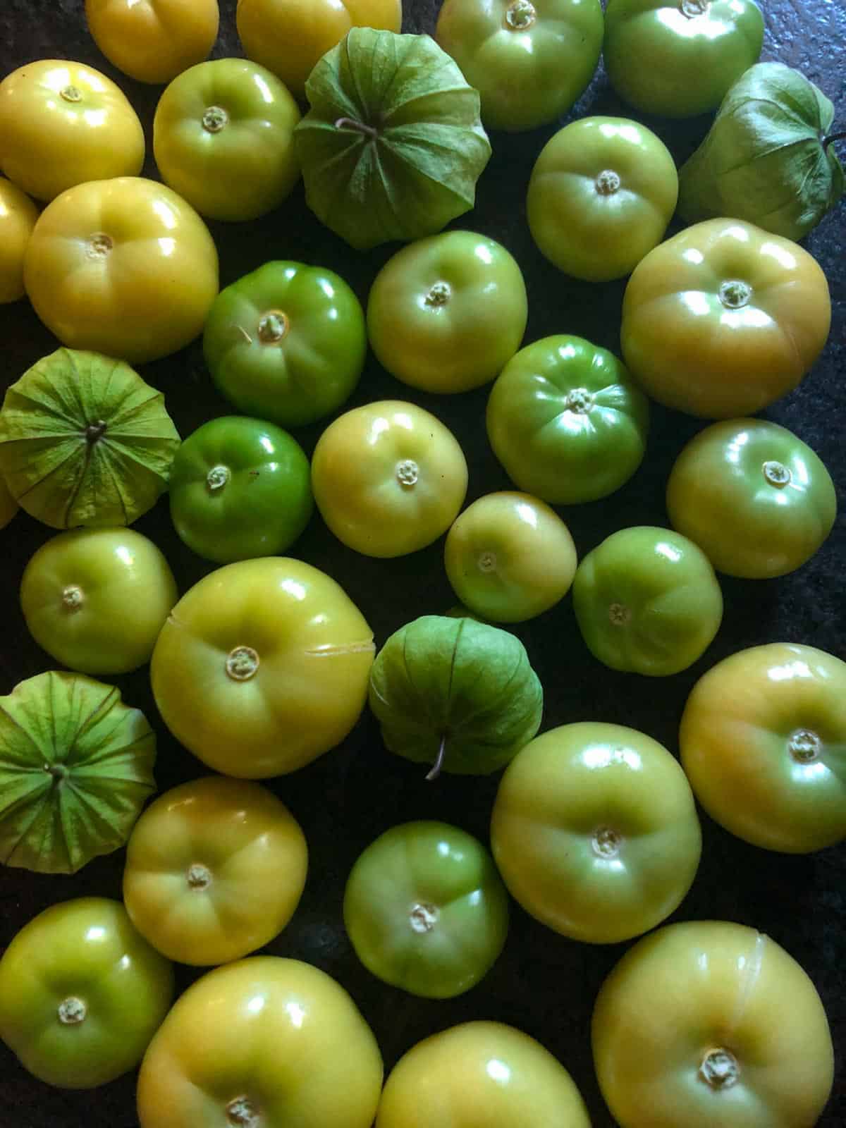 Raw green tomatillos spread out on a countertop, some peeled, some not. 