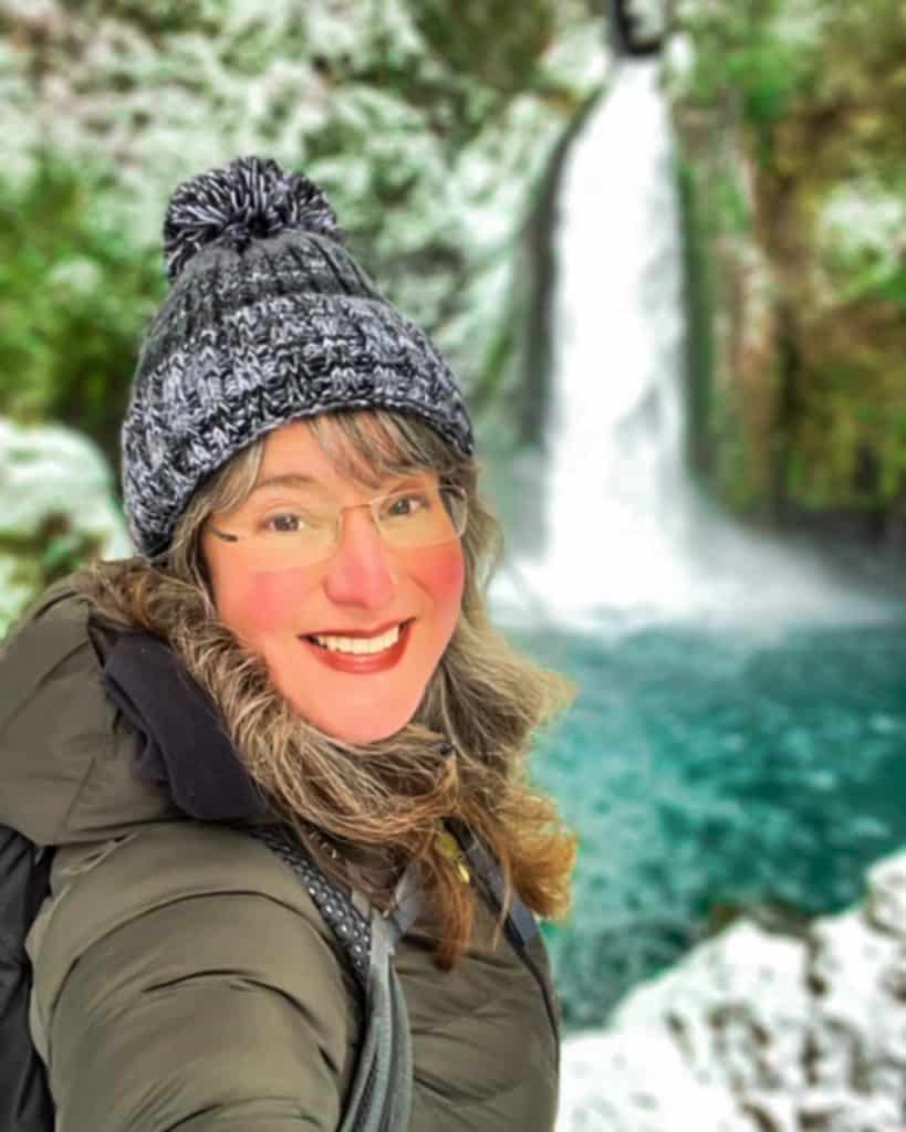 Tracey with Wahclella Falls in the background.