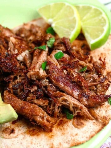 Close up of carnitas on a low carb tortilla with avocado and lime slices and a cilantro garnish.