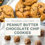 Split image of chocolate chip pb cookies on a baking sheet ready to bake, and on a plate ready to eat.