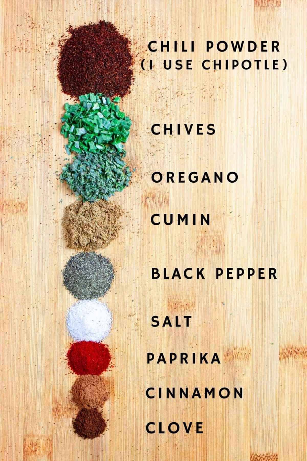 Garlic and onion-free seasoning ingredients for tacos in small piles with text labels.