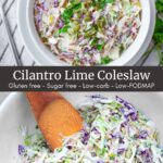 Split image of gluten-free coleslaw in a white bowl and in a bowl with a wood spoon.