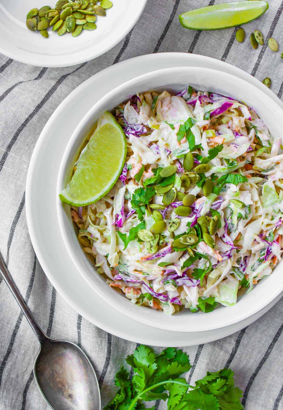 Bowl of low-fodmap coleslaw in a white bowl with a lime wedge and topped with chopped cilantro and pumpkin seeds.