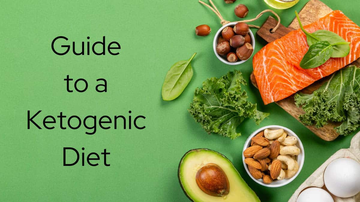 Keto staples such as salmon, avocado, nuts, eggs and veggies on a green background with a graphic for the article.