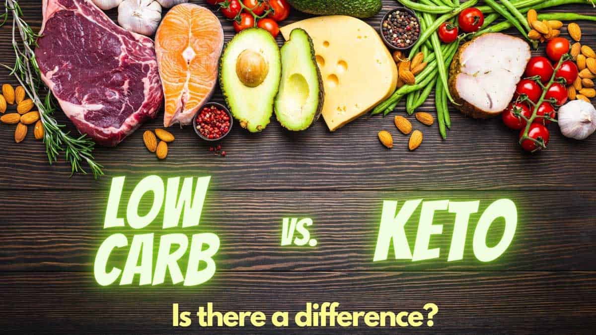 Low carb vs Keto text on a dark wood plank with raw meat, dairy and veggies across the top.