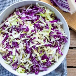 Red and green shredded cabbage in a white bowl.