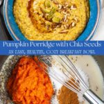 Split image of a bowl of garnished porridge, and a pot with a whisk containing all the ingredients.