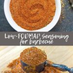 Split image of low-fodmap bbq rub in a bowl, and in a scoop on a pile of rub.
