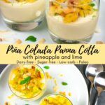 Split image of panna cotta in two clear glasses topped with pineapple and toasted coconut.