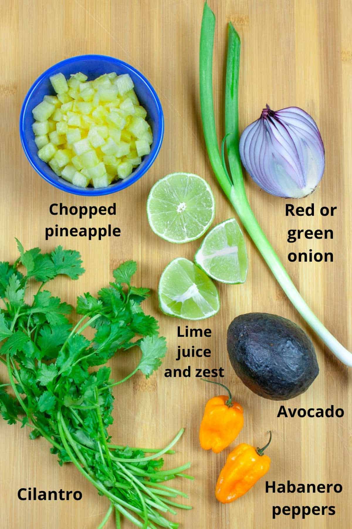 Ingredients for salsa laid out on a board and labeled.
