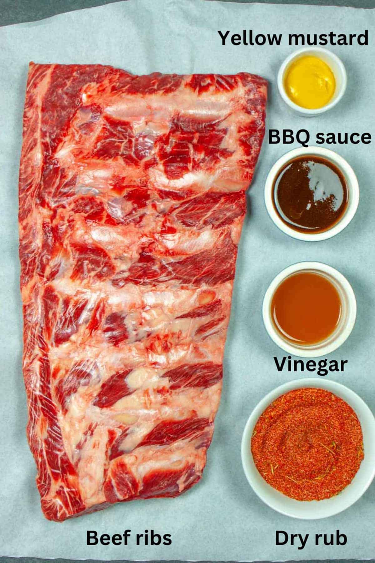 Ingredients for smoked ribs with labels.