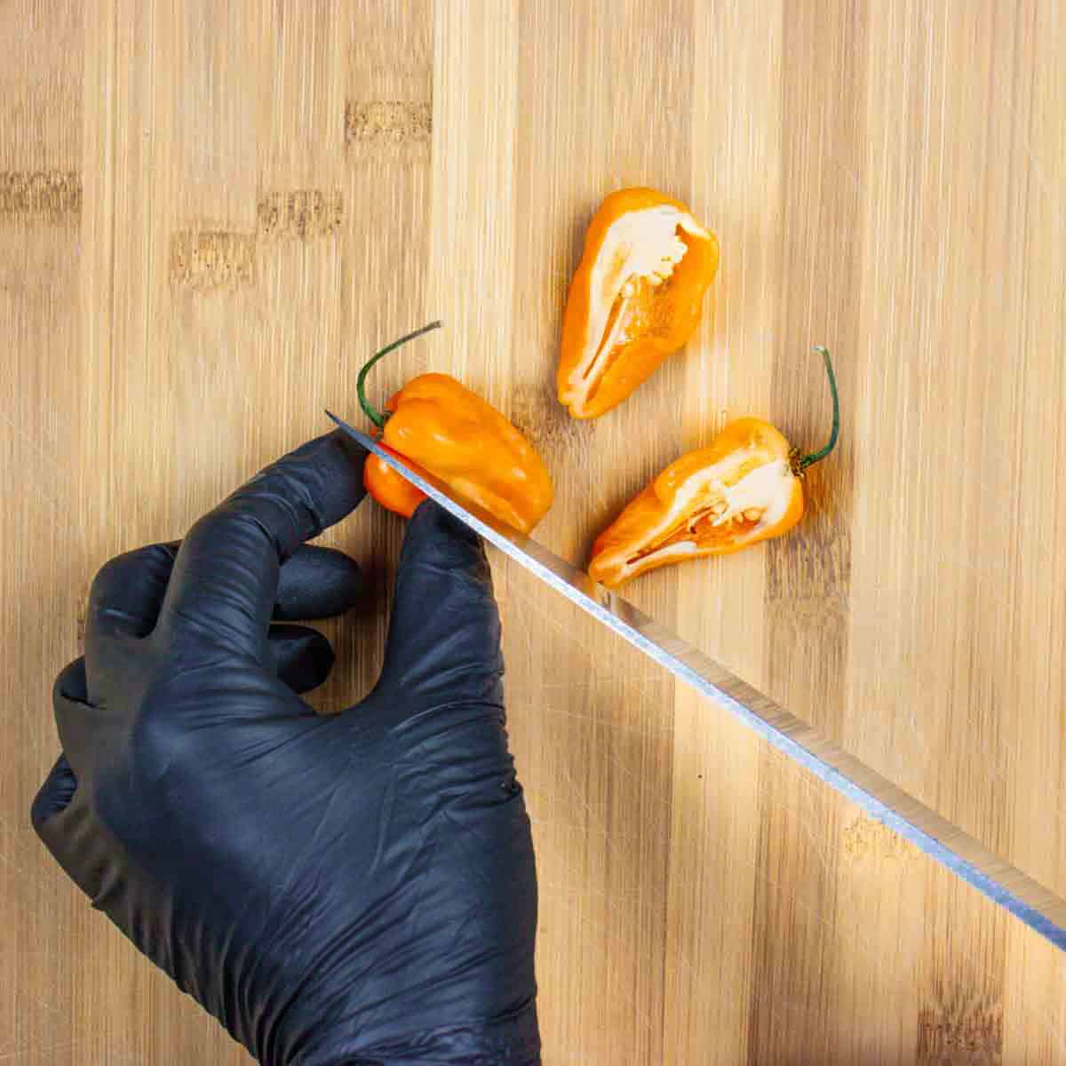 Slicing habanero peppers wearing a black nitrile glove.