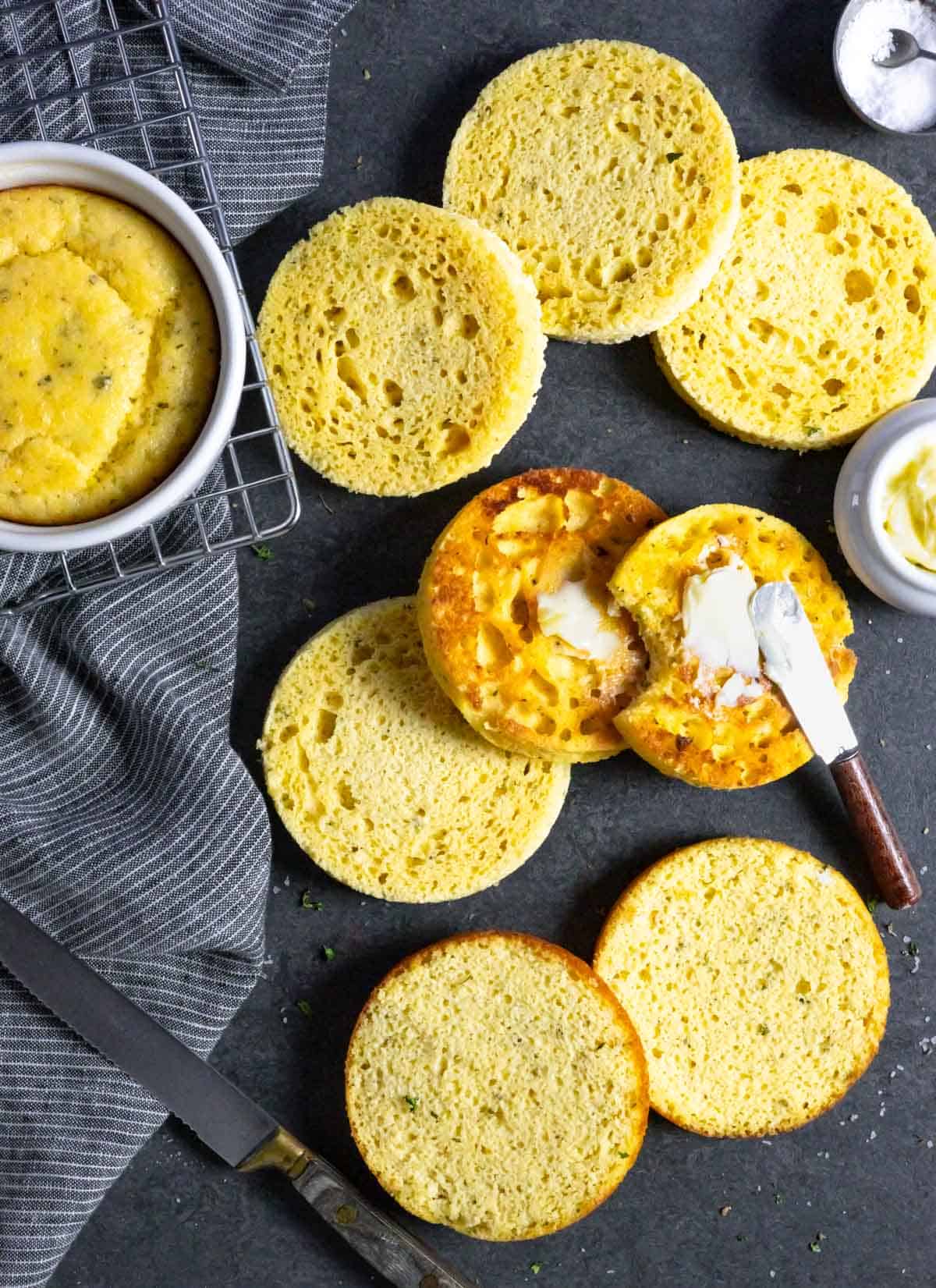 Sliced mug breads baked in oven, air fryer and microwave showing texture of each bread.