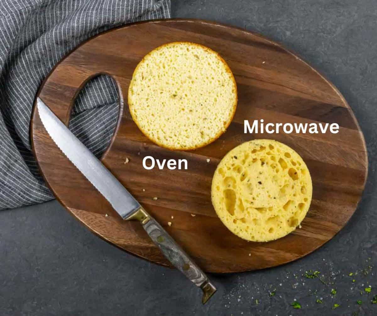 Two slices labeled on a cutting board showing oven results in small holes like loaf bread, and microwaving produces large holes like english muffins.