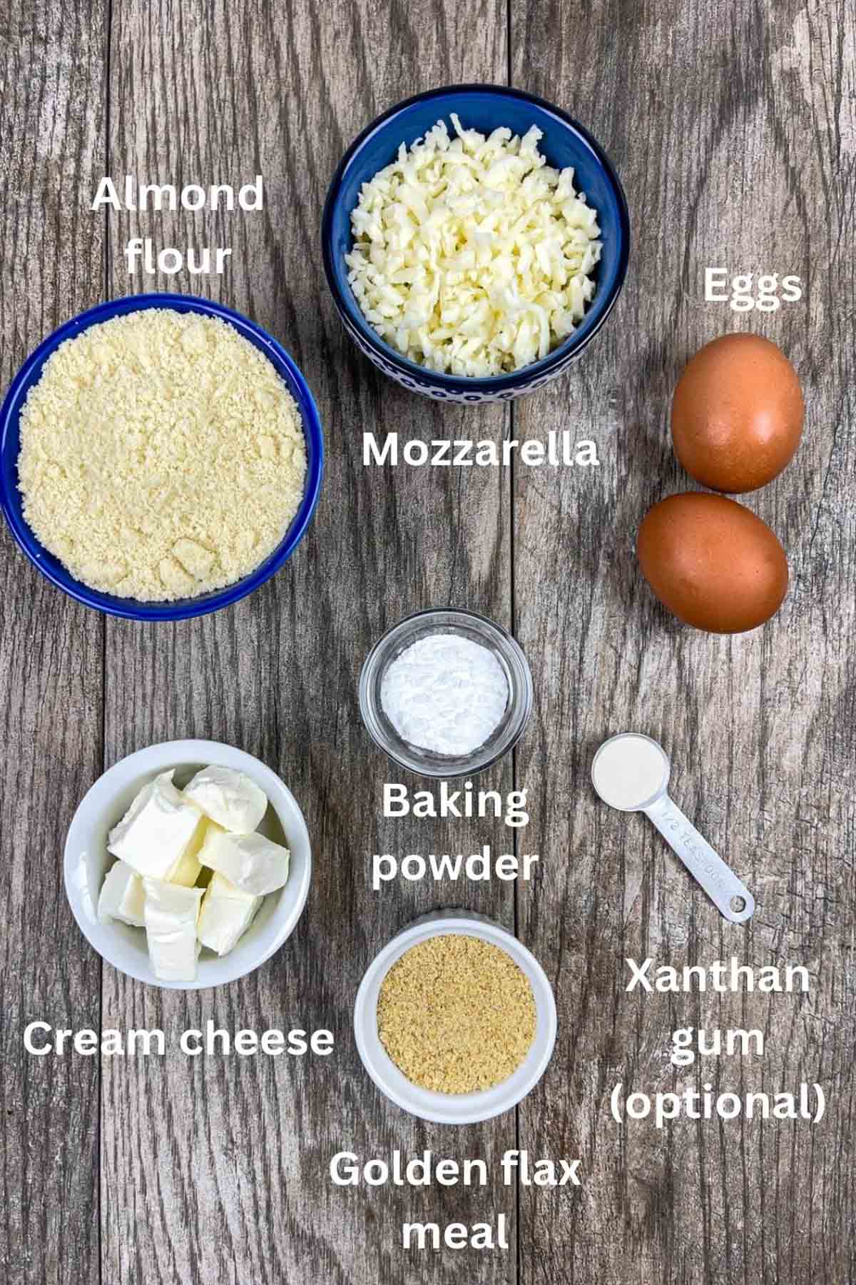 Ingredients for sandwich thins in small bowls and labeled.
