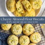 Split image of gluten-free biscuits in a bowl and on a cooling rack.