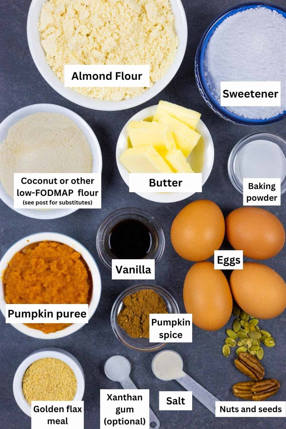 Ingredients for bread in small bowls on a gray background and labelled.