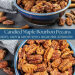 Split image of candied pecans in a blue bowl, each from different angles.