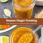 Split image of sesame ginger salad dressing in a jar with a spoon.