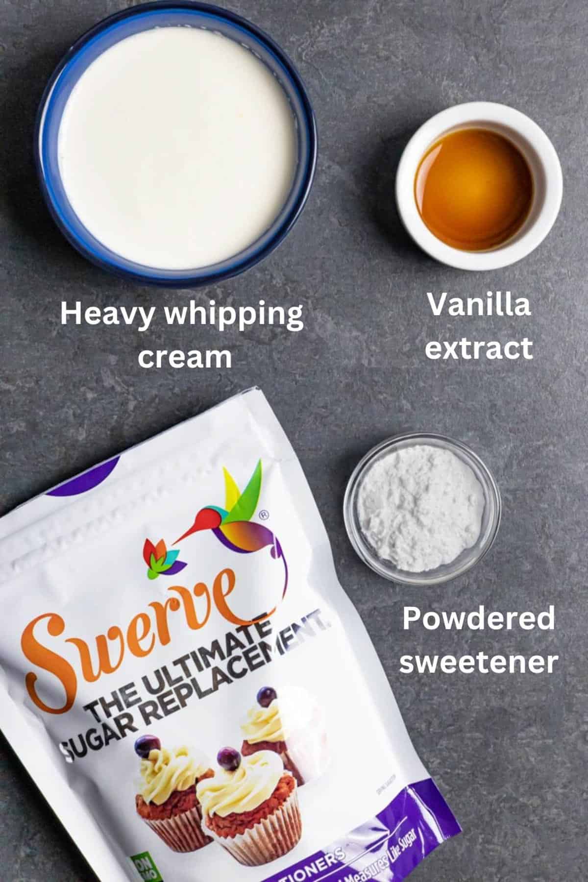 Small labeled bowls of sugar-free whipped cream ingredients and a bag of Swerve sweetener.