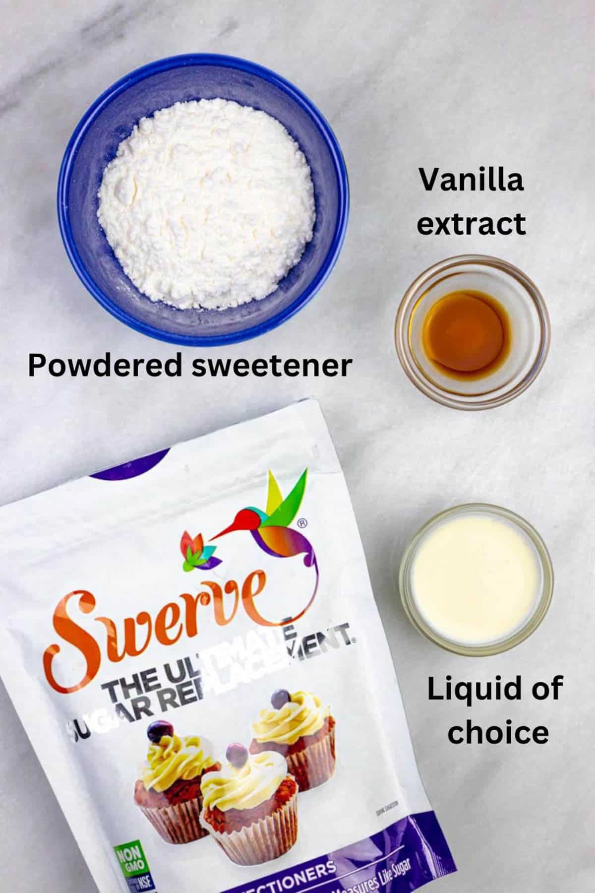Ingredients with text labels for sugar-free glaze icing.