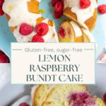 Split image of whole bundt cake with lemon and raspberries, and a plate with two slices.