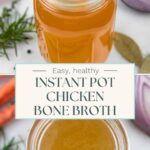 Split image of homemade chicken bone broth in quart jars with no lid.