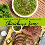 Split image of a bowl of Mexican chimichurri with a sliced flank steak topped with chimichurri.