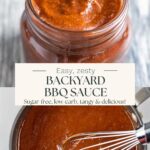 Split image of sugar-free BBQ sauce in a glass jar, and in a saucepan with a whisk.