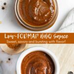 Split image of low-fodmap bbq sauce in a jar and in a ramekin.