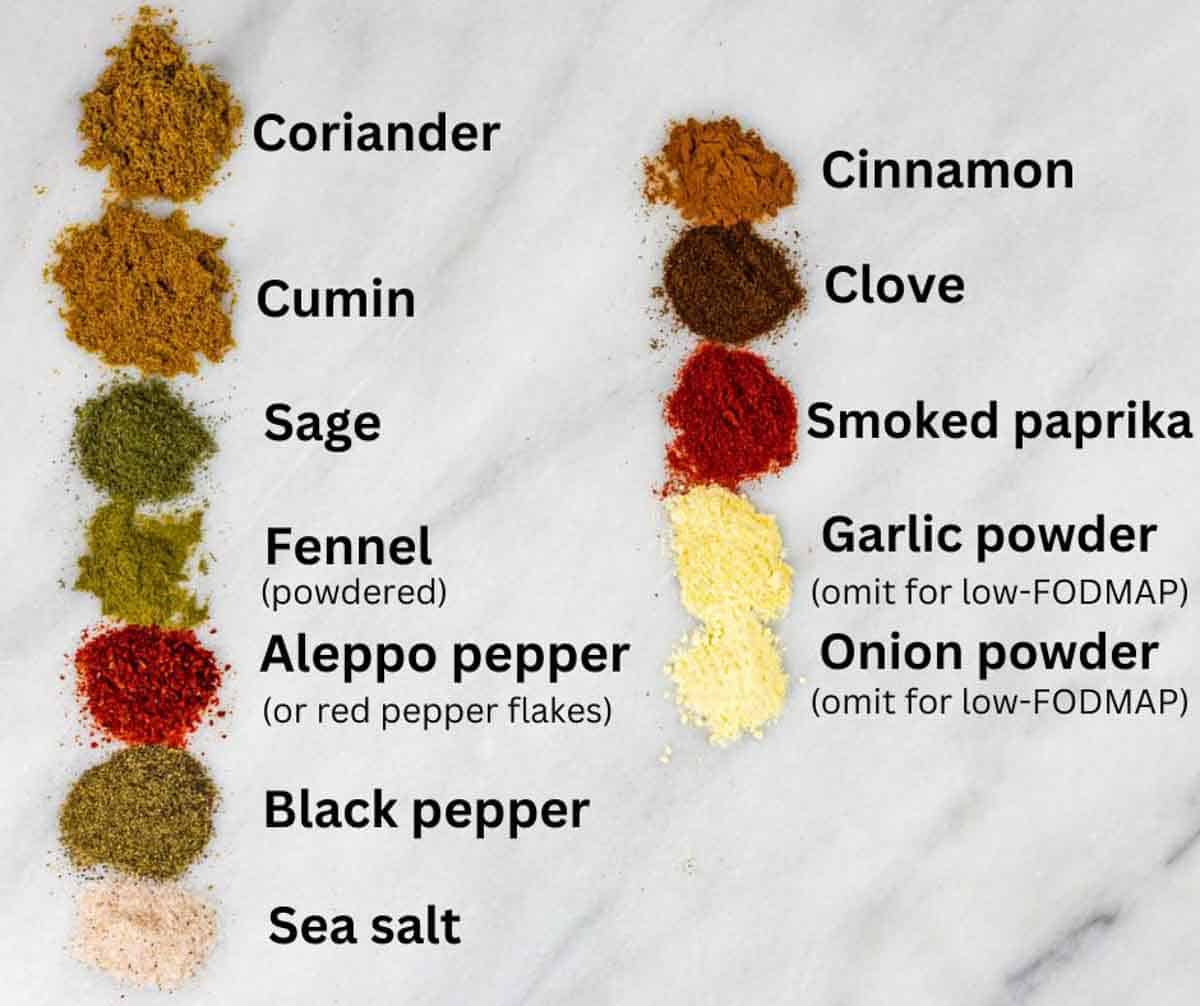 Small piles of ingredients for pork rub on a white marble board with black text labels.