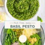 Split image of finished nut-free pesto in a white bowl, and ingredients in a food processor ready to blend.