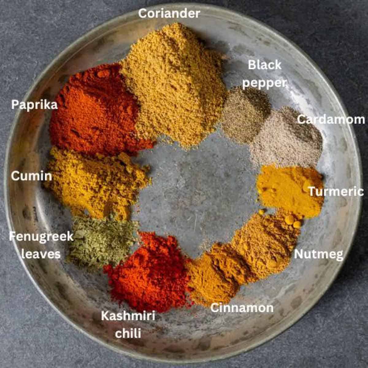 Colorful powdered spices on a silver plate in a circle with white text labels for each.