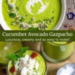 Split image of cucumber gazpacho in a bowl, and in shot glasses.