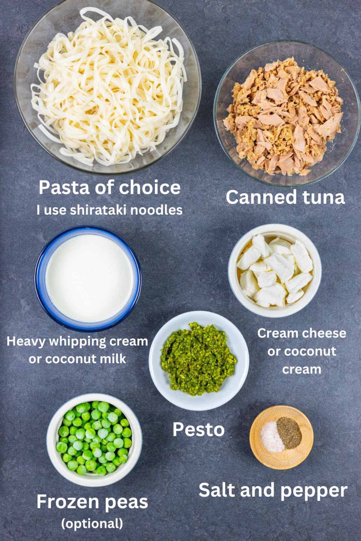 Small bowls of ingredients for tuna and noodles with white text labels.