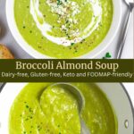 Split image of creamy broccoli soup served in a bowl and in the soup pot.