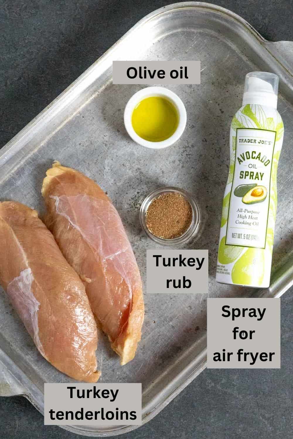 Ingredients for turkey tenderloins with black text labels.