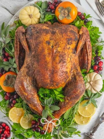 Golden brown roasted convection turkey on a platter with herbs.