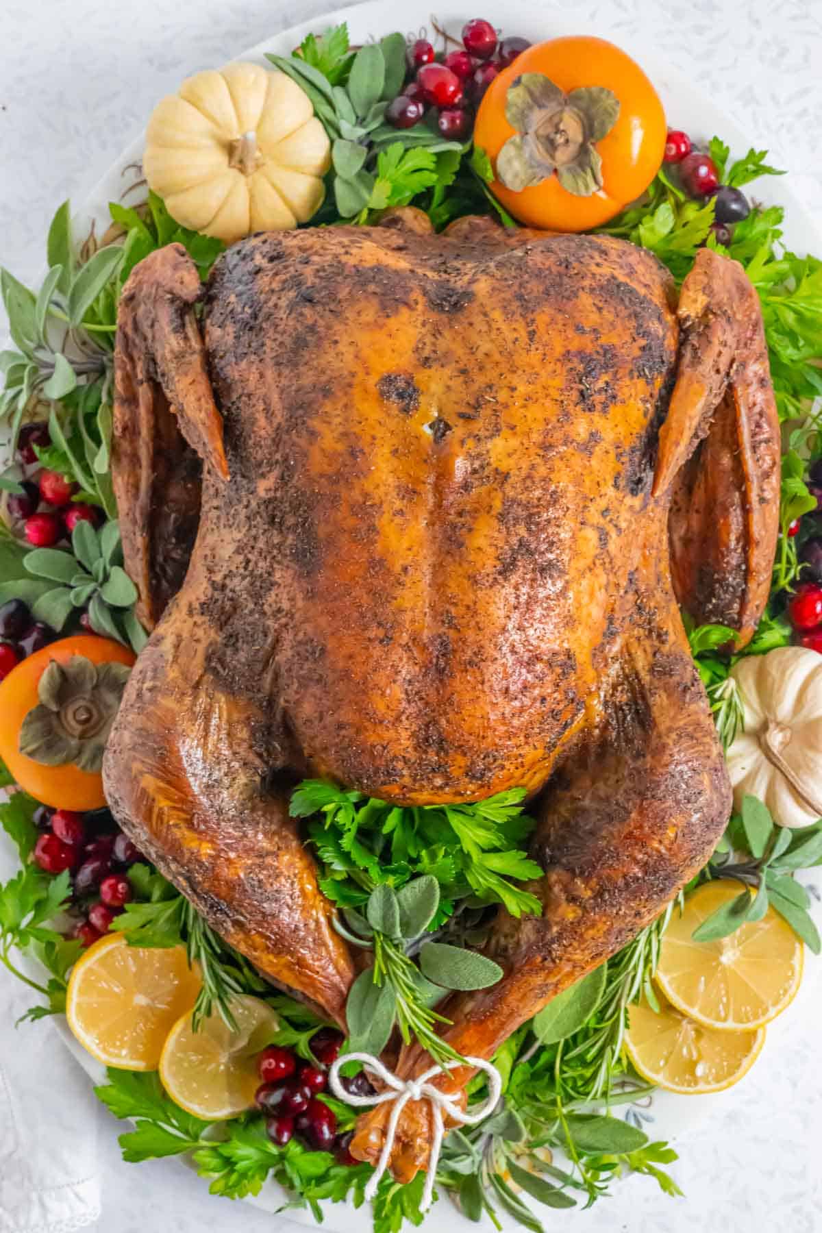 Crispy skinned whole turkey fresh from the convection oven on a platter with aromatics.